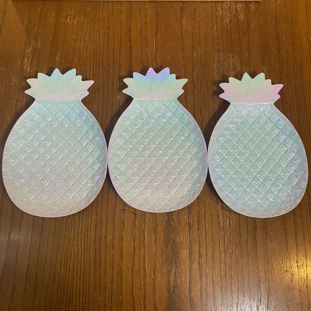 Lot of 3 Iridescent Pineapple Plastic Trays Tropical Party Summer Luau Decor